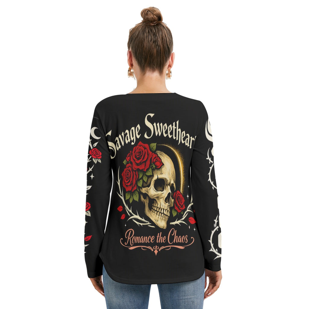 All-Over Print Women's Long Sleeve Neckline Tie Sweatshirt
