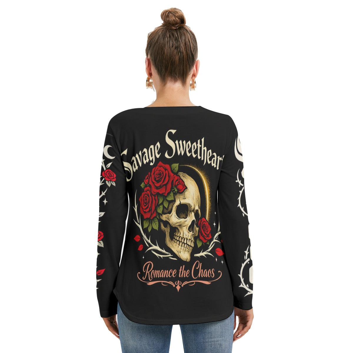 All-Over Print Women's Long Sleeve Neckline Tie Sweatshirt