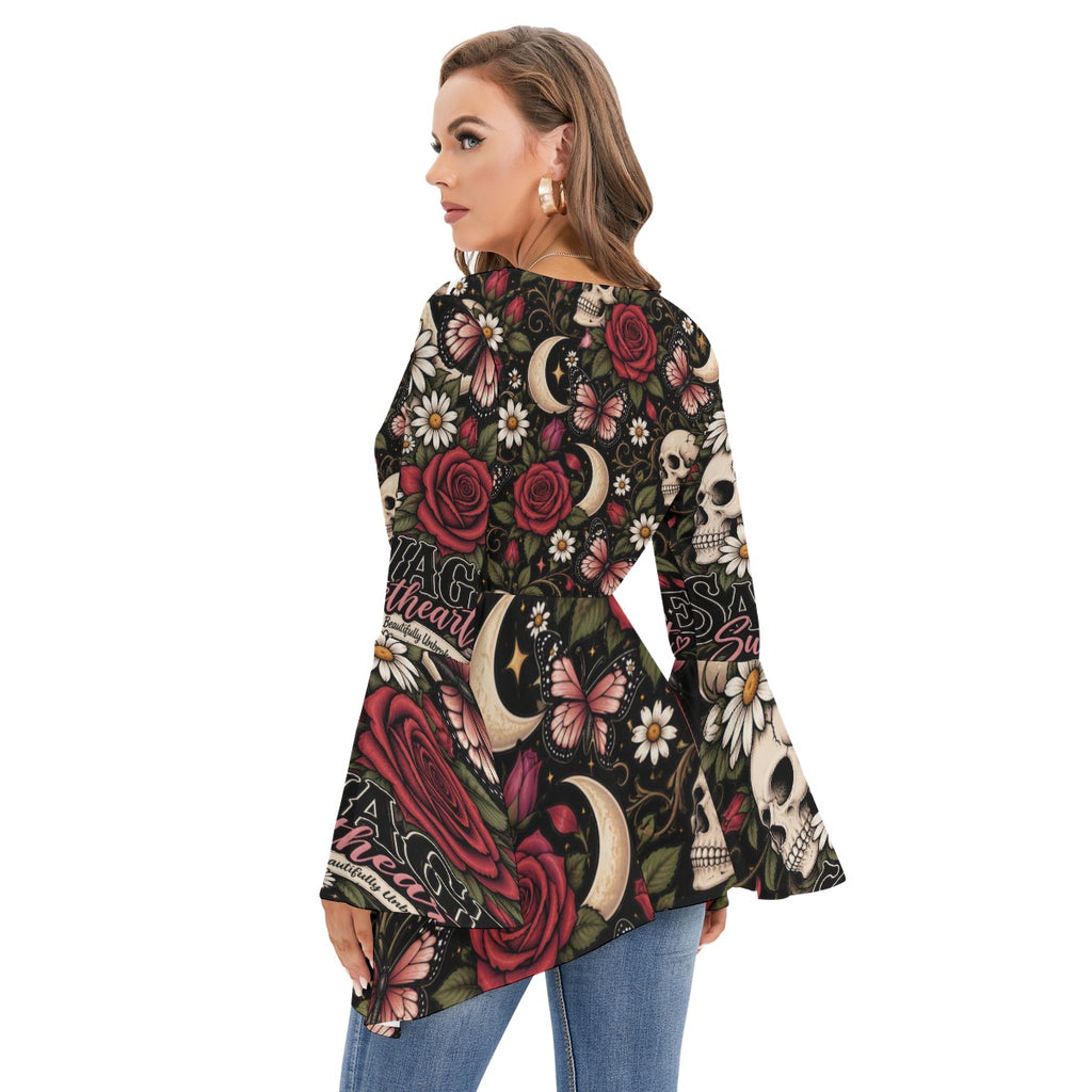 Savage Rose V-neck Blouse With Flared Sleeves