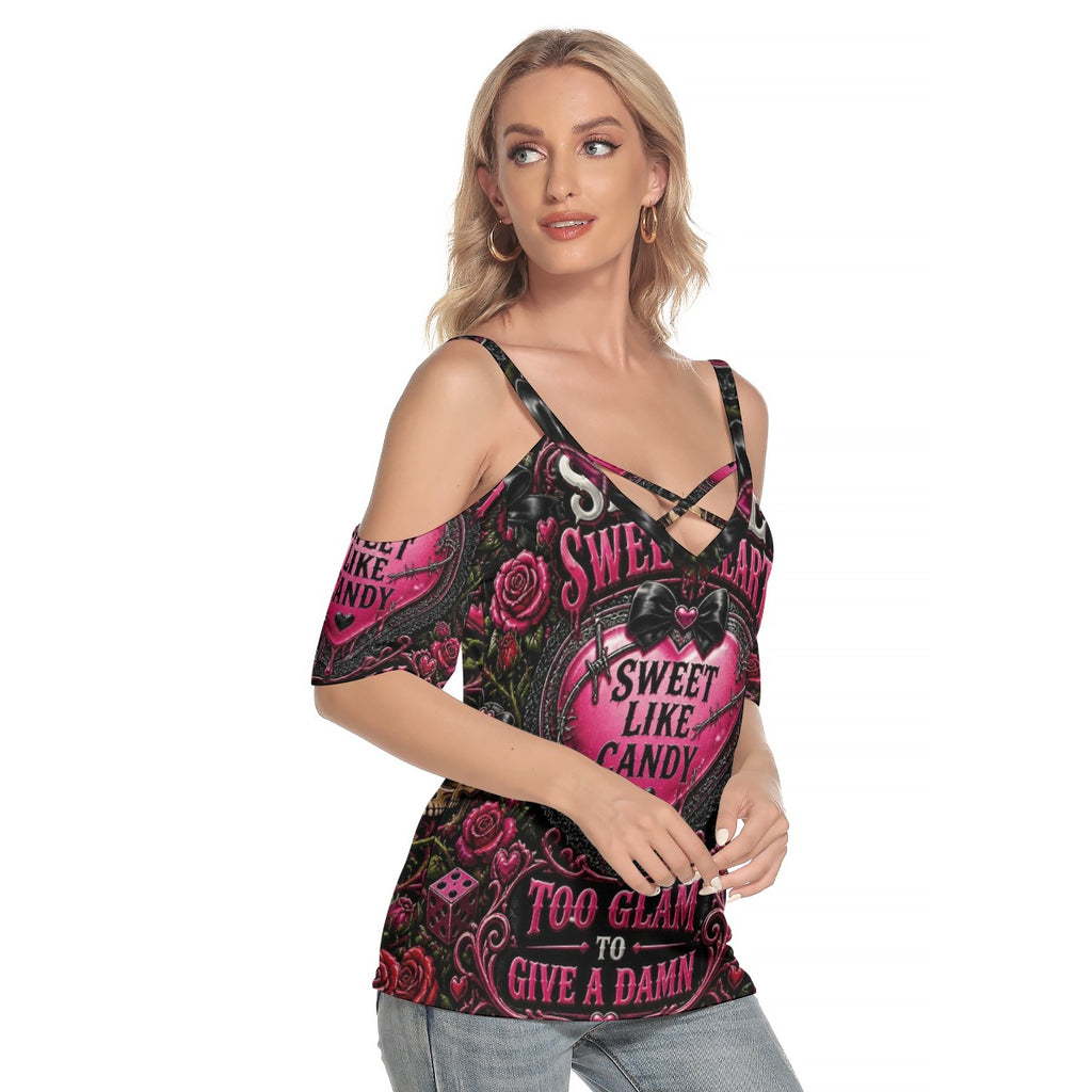 Sweet like Candy Cold Shoulder T-shirt With Criss Cross Strips