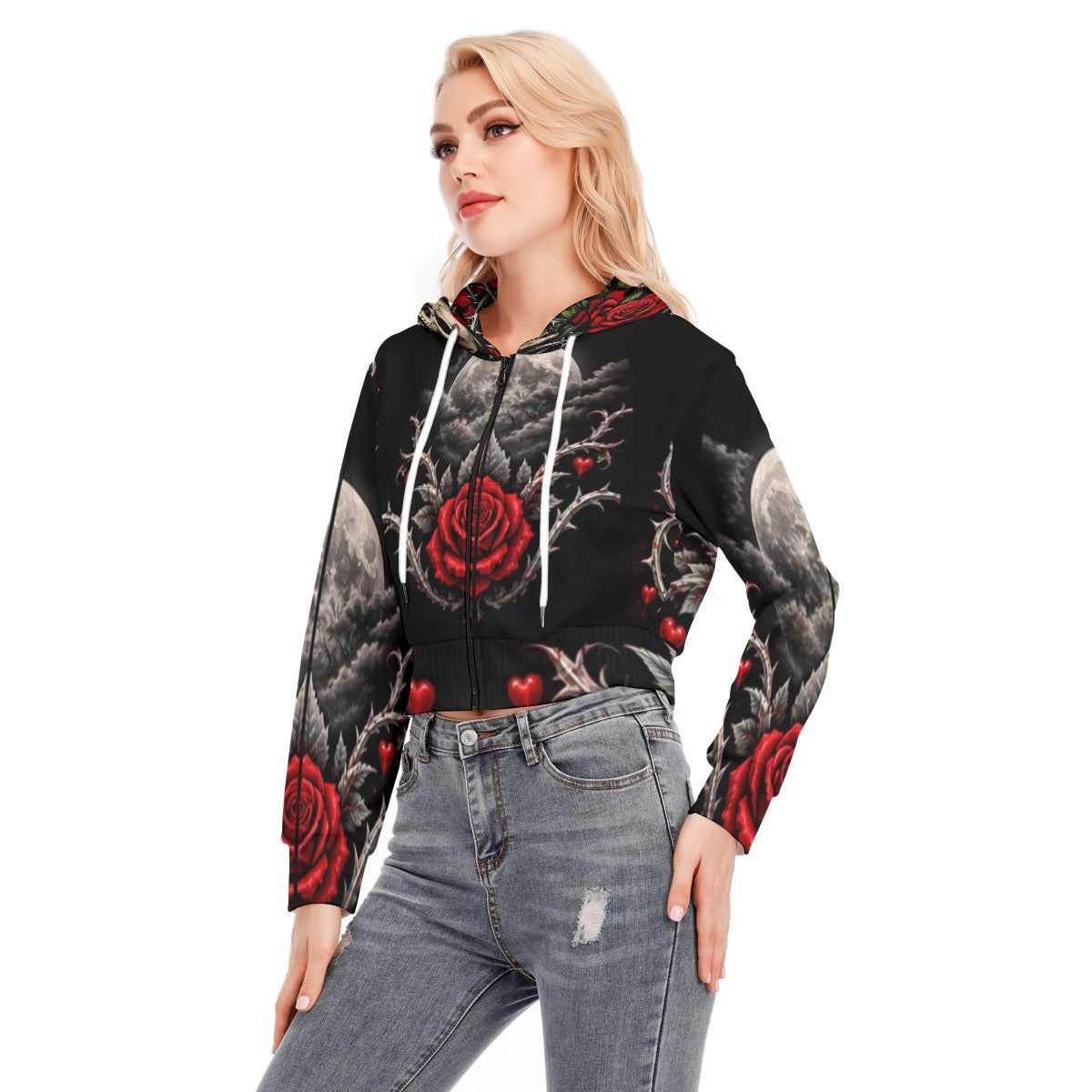 Savage Rose Crop Top Hoodie With Zipper Closure