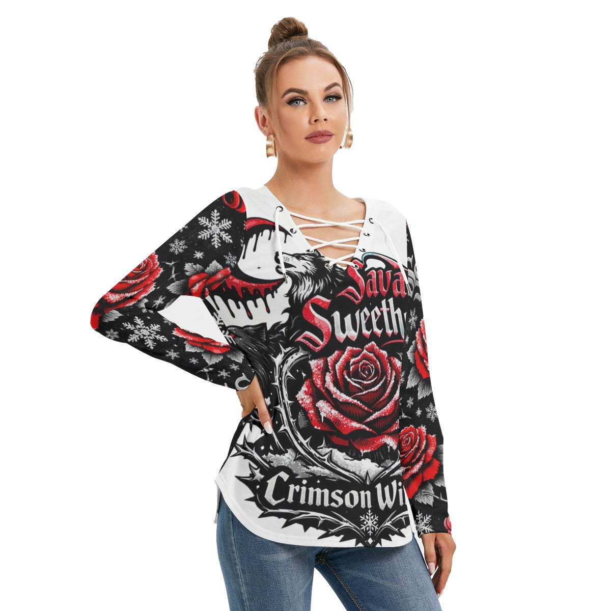 Crimson Winter Long Sleeve Neckline Tie Sweatshirt