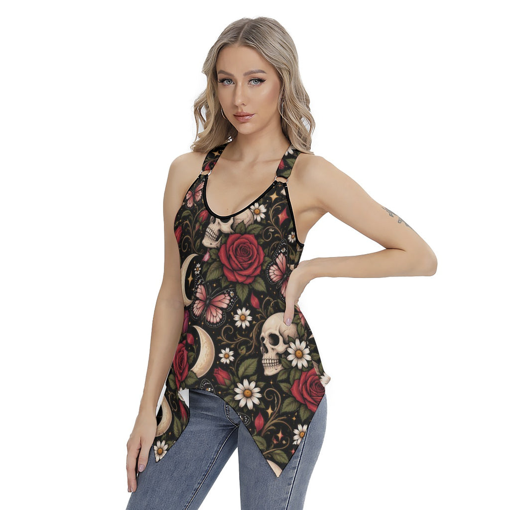 Savage Rose Racing Tank Top With Irregular Hem