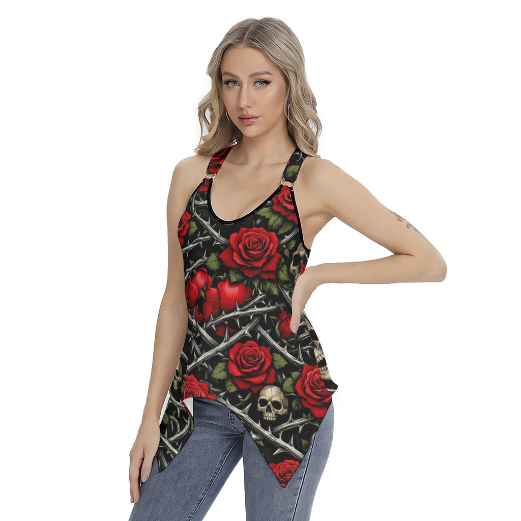 Savage Rose Racing Tank Top With Irregular Hem
