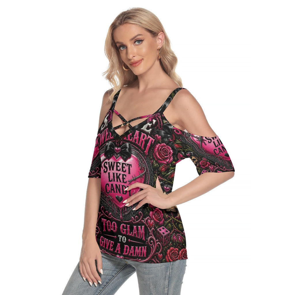 Sweet like Candy Cold Shoulder T-shirt With Criss Cross Strips