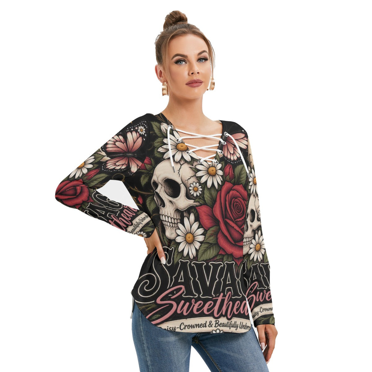 Savage Rose Long Sleeve Neckline Tie Sweatshirt