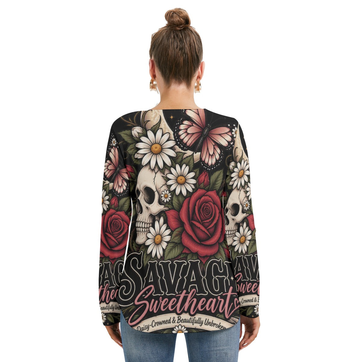 Savage Rose Long Sleeve Neckline Tie Sweatshirt