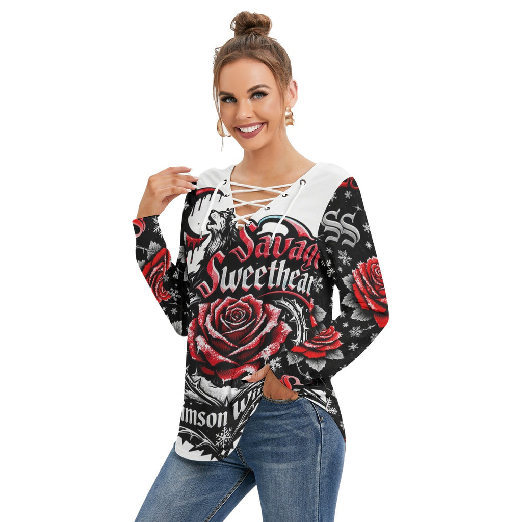 Crimson Winter Long Sleeve Neckline Tie Sweatshirt