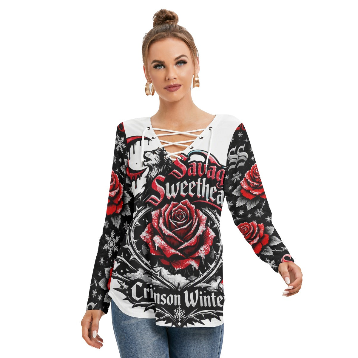Crimson Winter Long Sleeve Neckline Tie Sweatshirt