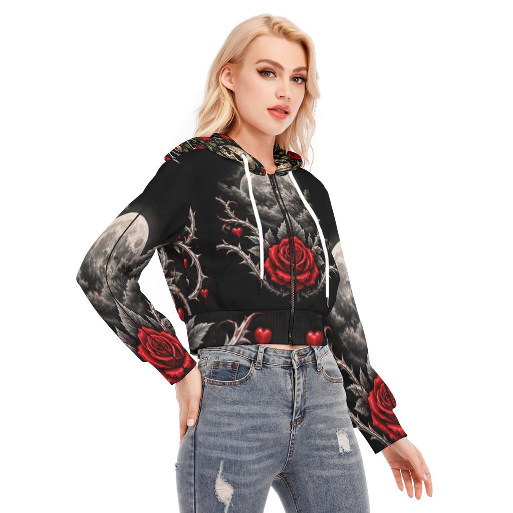 Savage Rose Crop Top Hoodie With Zipper Closure