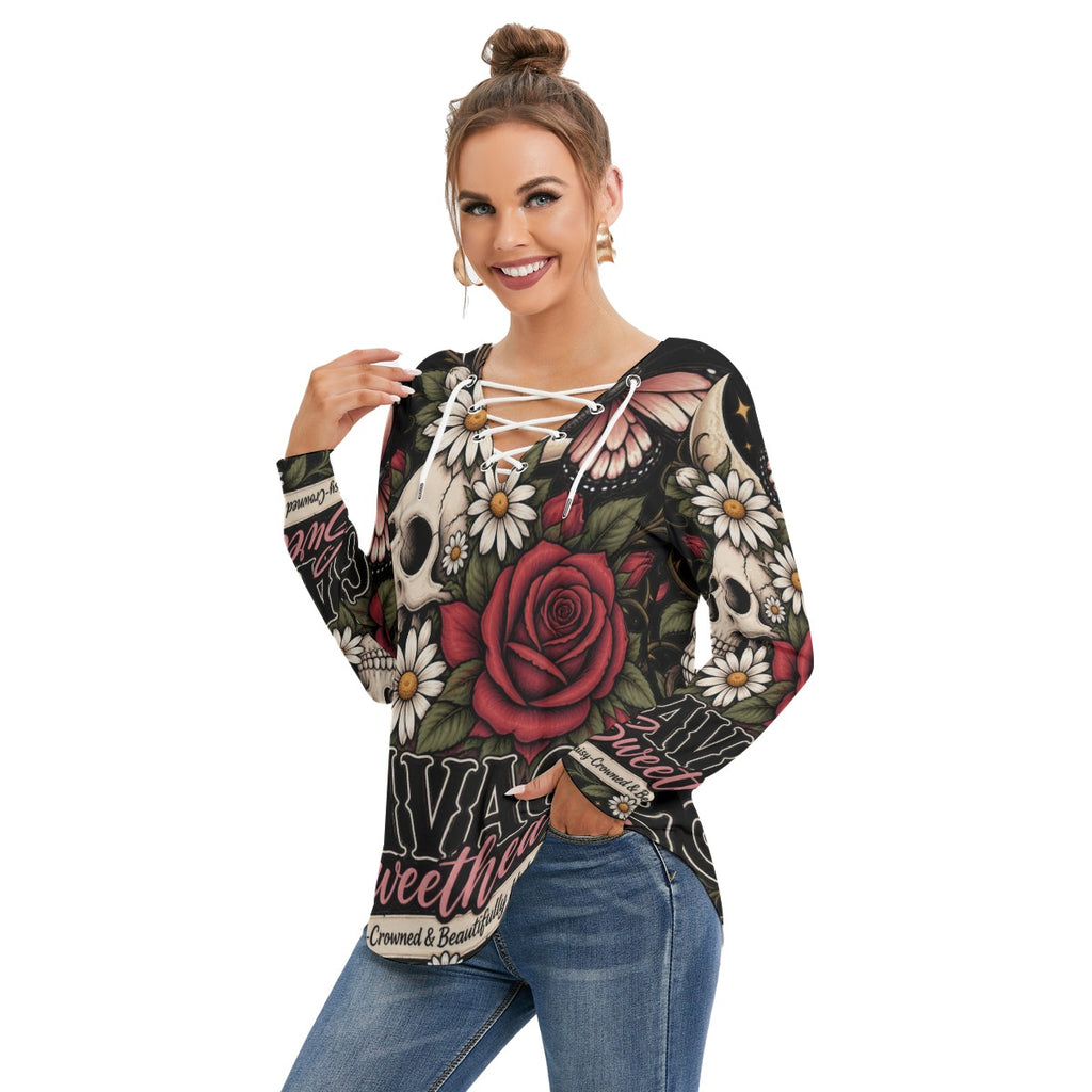 Savage Rose Long Sleeve Neckline Tie Sweatshirt