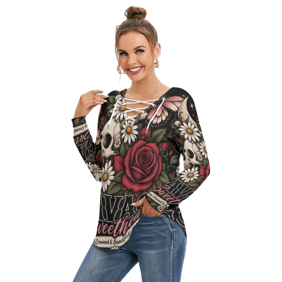 Savage Rose Long Sleeve Neckline Tie Sweatshirt