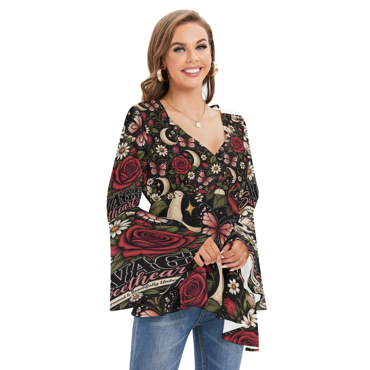 Savage Rose V-neck Blouse With Flared Sleeves