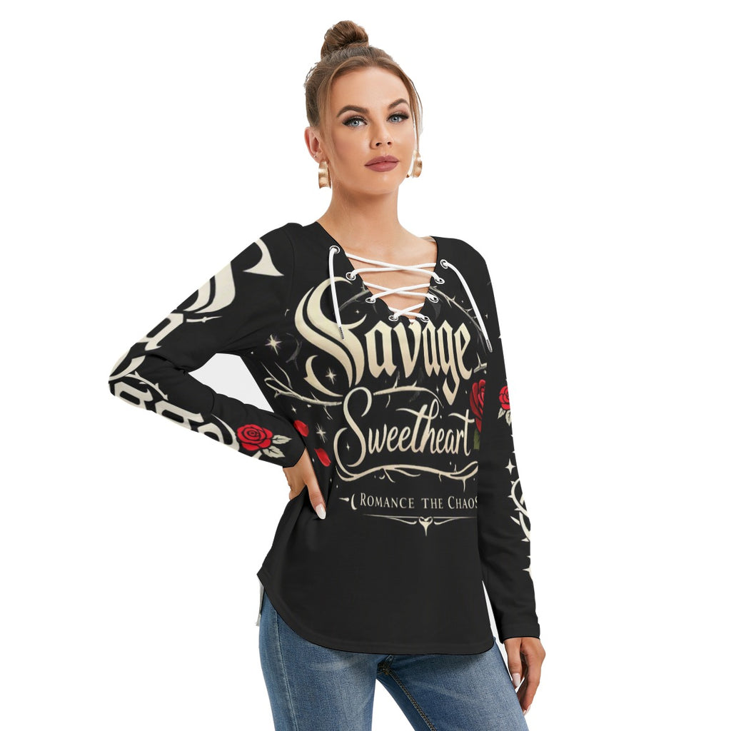 All-Over Print Women's Long Sleeve Neckline Tie Sweatshirt