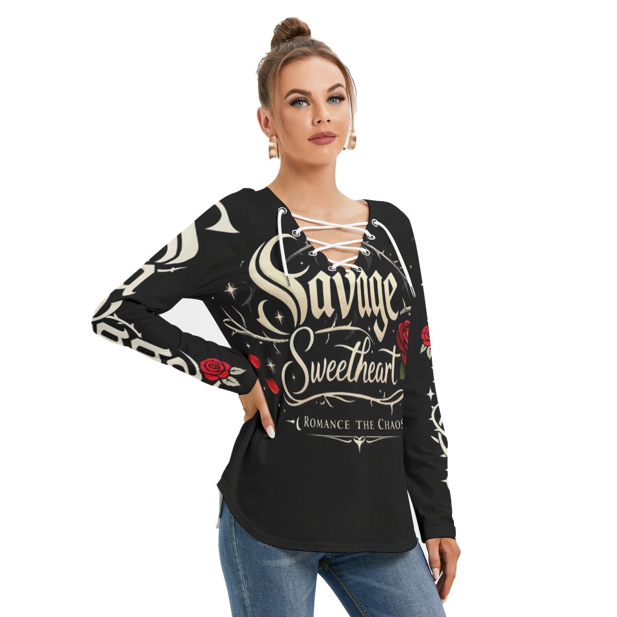 All-Over Print Women's Long Sleeve Neckline Tie Sweatshirt