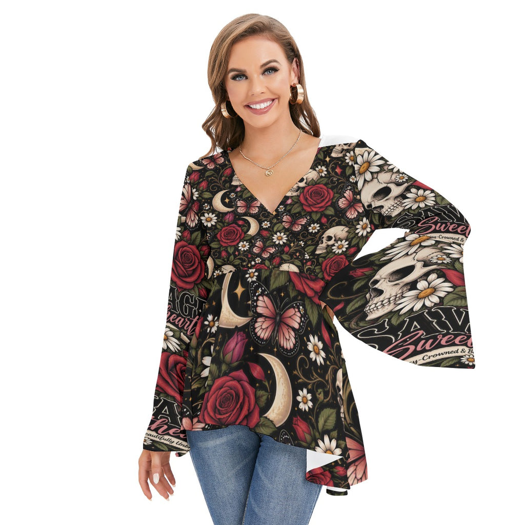 Savage Rose V-neck Blouse With Flared Sleeves