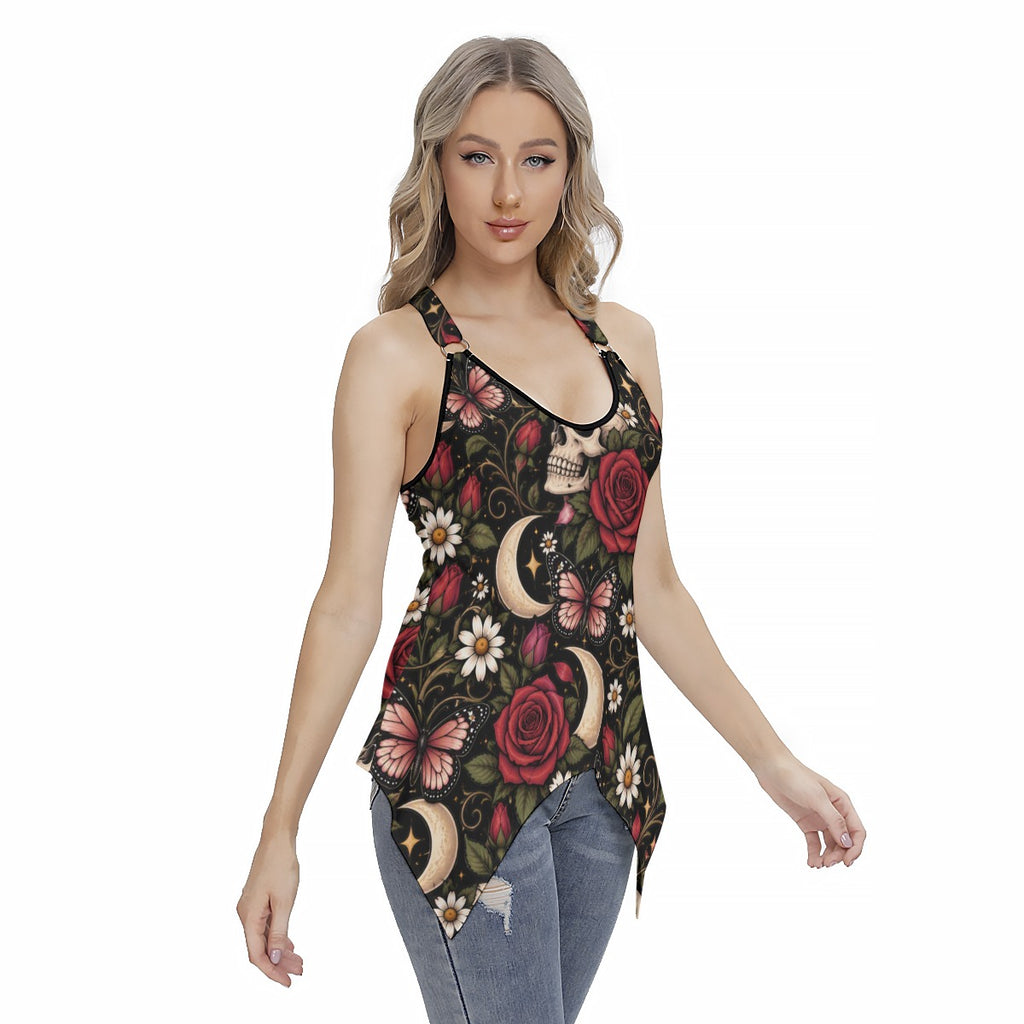 Savage Rose Racing Tank Top With Irregular Hem