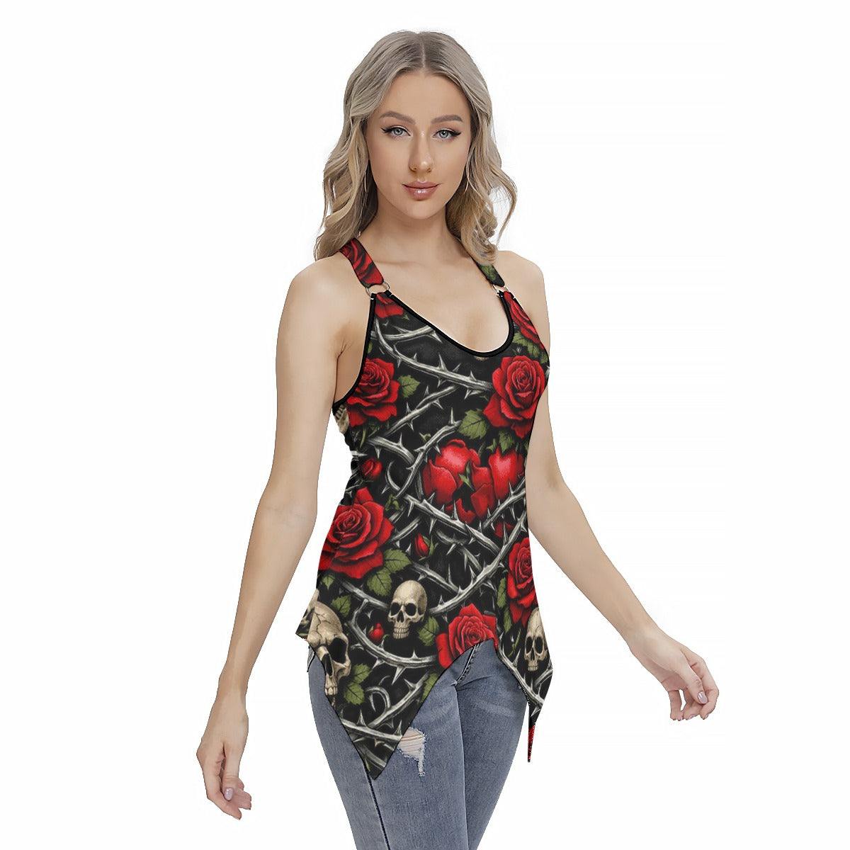 Savage Rose Racing Tank Top With Irregular Hem