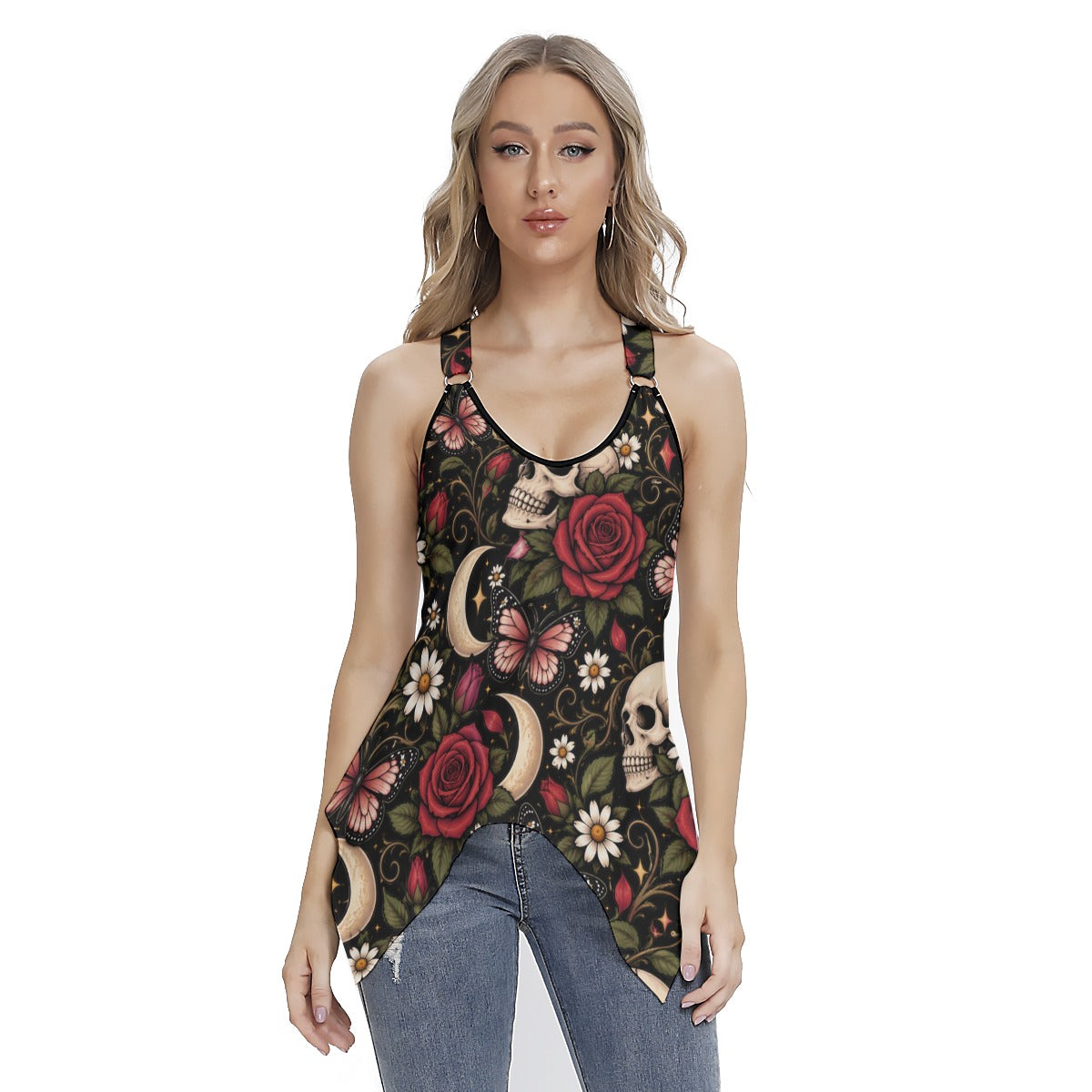 Savage Rose Racing Tank Top With Irregular Hem