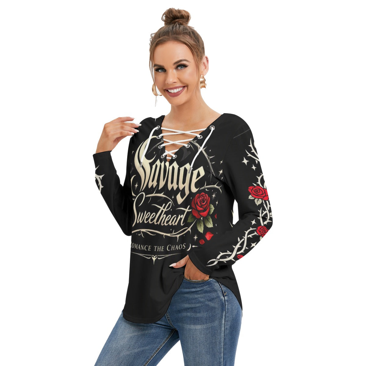 All-Over Print Women's Long Sleeve Neckline Tie Sweatshirt